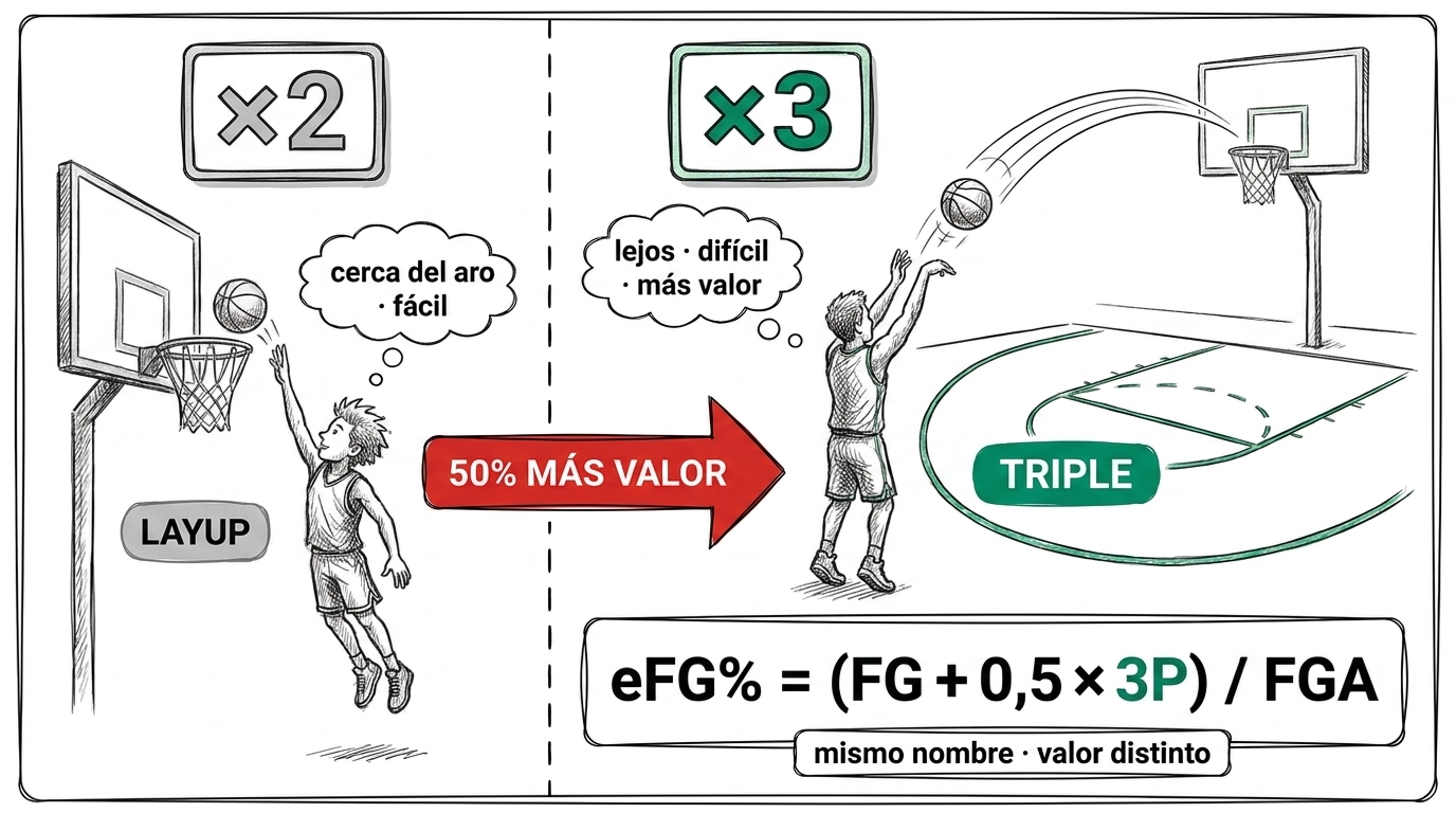 Layup ×2 a la izquierda y triple ×3 a la derecha, separados por una flecha grande que indica un 50% más de valor para el triple.