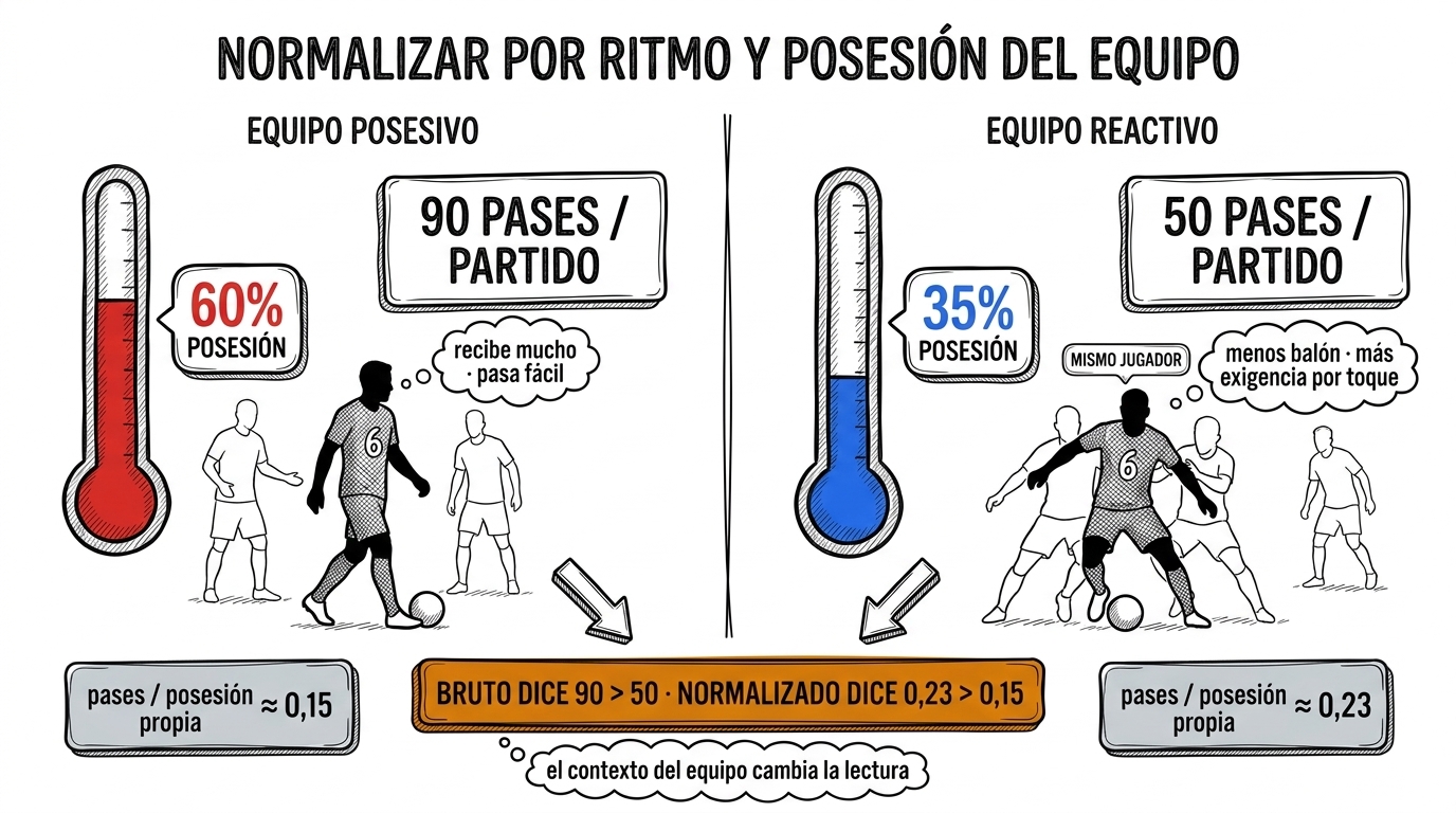 Mismo mediocentro: 90 pases en equipo posesivo vs 50 pases en equipo reactivo
