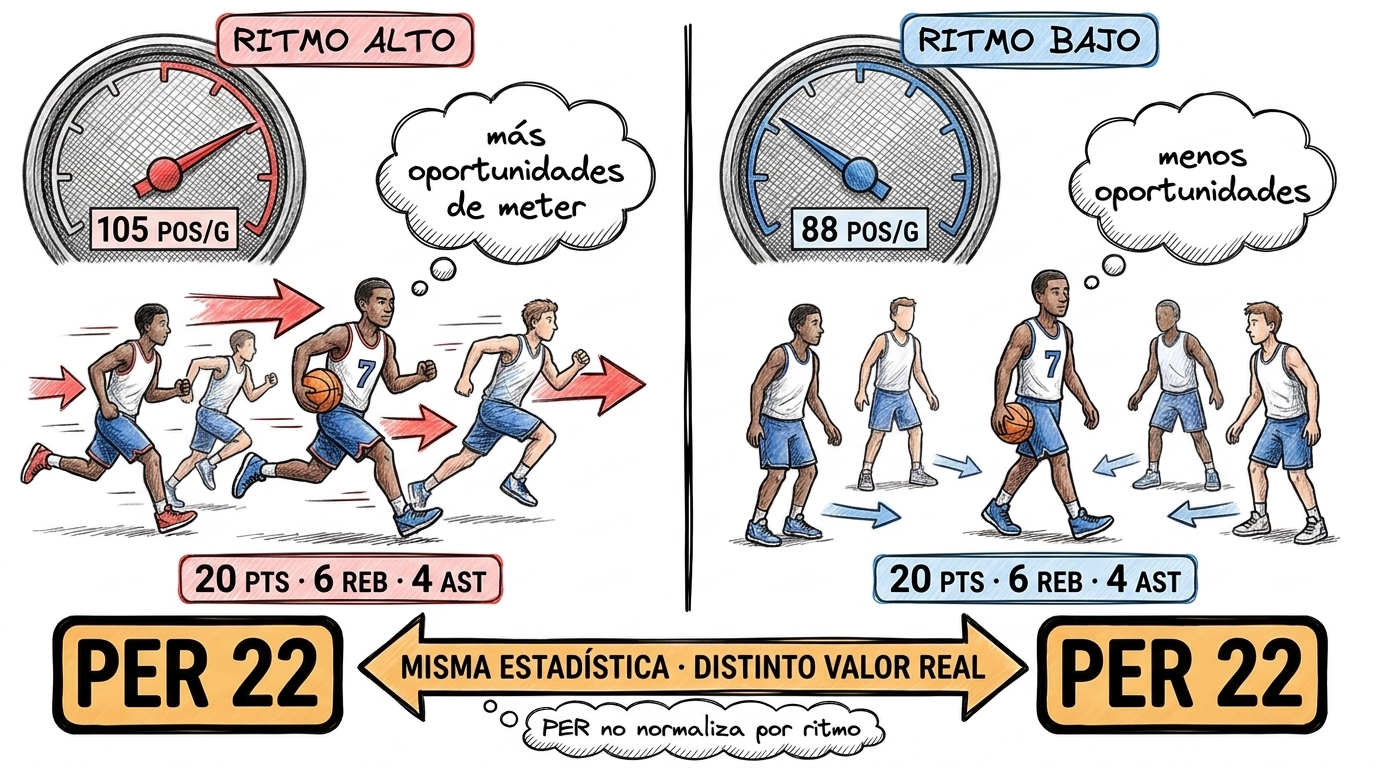 Mismo jugador (camiseta 7) en dos equipos: uno con velocímetro de ritmo alto (105 pos/g) y otro con ritmo bajo (88 pos/g). Misma caja estadística, mismo PER nominal, valor real distinto.